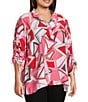 Ali Miles Plus Size Abstract Print Wire Collar 3/4 Cinch Tie Sleeve Tunic, Color:Multi Blush - Image 3