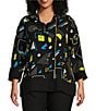Color:Black Print - Image 1 - Plus Size Abstract Print Wire Collar 3/4 Sleeve Uneven Hem Button-Front Tunic