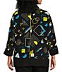Color:Black Print - Image 2 - Plus Size Abstract Print Wire Collar 3/4 Sleeve Uneven Hem Button-Front Tunic