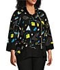 Color:Black Print - Image 3 - Plus Size Abstract Print Wire Collar 3/4 Sleeve Uneven Hem Button-Front Tunic