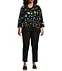 Color:Black Print - Image 4 - Plus Size Abstract Print Wire Collar 3/4 Sleeve Uneven Hem Button-Front Tunic
