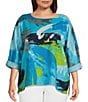 Color:Abstract Multi - Image 1 - Plus Size Abstract Print Woven Crew Neck 3/4 Sleeve Hi-Low Hem Tunic