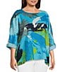 Color:Abstract Multi - Image 3 - Plus Size Abstract Print Woven Crew Neck 3/4 Sleeve Hi-Low Hem Tunic