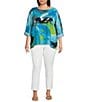 Color:Abstract Multi - Image 4 - Plus Size Abstract Print Woven Crew Neck 3/4 Sleeve Hi-Low Hem Tunic