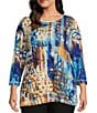 Color:Multi - Image 1 - Plus Size Abstract Print Woven Scoop Neck 3/4 Sleeve Pop Over Tunic