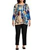Color:Multi - Image 3 - Plus Size Abstract Print Woven Scoop Neck 3/4 Sleeve Pop Over Tunic