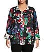 Ali Miles Plus Size Abstract Printed Woven Wire Collar 3/4 Sleeve Button Front Tunic, Color:Abstract Multi - Image 1