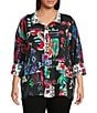 Ali Miles Plus Size Abstract Printed Woven Wire Collar 3/4 Sleeve Button Front Tunic, Color:Abstract Multi - Image 5