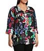 Ali Miles Plus Size Abstract Printed Woven Wire Collar 3/4 Sleeve Button Front Tunic, Color:Abstract Multi - Image 7