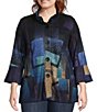 Color:Multi - Image 1 - Plus Size Abstract Shimmer Woven Wire Collar 3/4 Bell Cuffed Sleeve Tunic Jacket