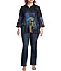 Color:Multi - Image 3 - Plus Size Abstract Shimmer Woven Wire Collar 3/4 Bell Cuffed Sleeve Tunic Jacket