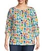 Color:Tile Multi - Image 1 - Plus Size Abstract Tile Print Round Neck 3/4 Sleeve Tunic