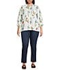 Ali Miles Plus Size All-Over Floral Multi Print Point Collar Elbow Sleeve Button-Front Tunic - Image 3