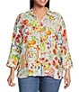 Ali Miles Plus Size Allover Multi Fruit Print Point Collar 3/4 Roll-Tab Sleeve Button-Front Shirt - Image 1