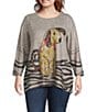 Ali Miles Plus Size Brushed Knit Novelty Abstract Stripe Dog Print Round Neck Long Sleeve Popover Tunic, Color:Neutral Animal - Image 1