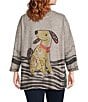 Ali Miles Plus Size Brushed Knit Novelty Abstract Stripe Dog Print Round Neck Long Sleeve Popover Tunic, Color:Neutral Animal - Image 2