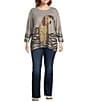 Ali Miles Plus Size Brushed Knit Novelty Abstract Stripe Dog Print Round Neck Long Sleeve Popover Tunic, Color:Neutral Animal - Image 3