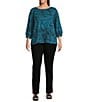 Ali Miles Plus Size Brushed Knit Stripe Round Neck 3/4 Cuff Sleeve Tunic, Color:Dark Teal - Image 3