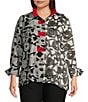 Color:Winter White/Black - Image 1 - Plus Size Clipped Jacquard Abstract Circle Contrast Wire Collar 3/4 Sleeve Button-Front Jacket