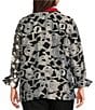 Color:Winter White/Black - Image 2 - Plus Size Clipped Jacquard Abstract Circle Contrast Wire Collar 3/4 Sleeve Button-Front Jacket