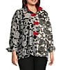 Color:Winter White/Black - Image 3 - Plus Size Clipped Jacquard Abstract Circle Contrast Wire Collar 3/4 Sleeve Button-Front Jacket