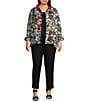 Color:Winter White/Black - Image 5 - Plus Size Clipped Jacquard Abstract Circle Contrast Wire Collar 3/4 Sleeve Button-Front Jacket