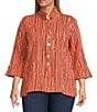 Ali Miles Plus Size Crinkle Woven Abstract Stripe Wire Collar 3/4 Sleeve Button-Front Tunic, Color:Coral - Image 1