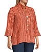 Ali Miles Plus Size Crinkle Woven Abstract Stripe Wire Collar 3/4 Sleeve Button-Front Tunic, Color:Coral - Image 3