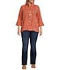 Ali Miles Plus Size Crinkle Woven Abstract Stripe Wire Collar 3/4 Sleeve Button-Front Tunic, Color:Coral - Image 5
