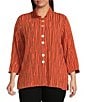 Ali Miles Plus Size Crinkle Woven Abstract Stripe Wire Collar 3/4 Sleeve Button-Front Tunic, Color:Spice - Image 1