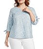 Ali Miles Plus Size Embroidered Leaf Pattern Split V-Neck 3/4 Tie Sleeve Tunic - Image 1