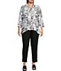 Color:Black/White - Image 3 - Plus Size Floral Print Woven Point Collar 3/4 Sleeve High-Low Hem Button-Front Tunic