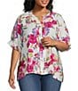 Ali Miles Plus Size Floral Y-Neck Elbow Ruffle Sleeve Button Front Tunic - Image 1