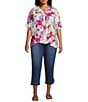 Ali Miles Plus Size Floral Y-Neck Elbow Ruffle Sleeve Button Front Tunic - Image 3