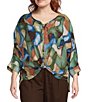 Ali Miles Plus Size Geo Multi Y-Neck 3/4 Dolman Sleeve Button Front Shirt - Image 1