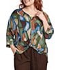 Ali Miles Plus Size Geo Multi Y-Neck 3/4 Dolman Sleeve Button Front Shirt - Image 1