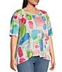 Color:Blo Multiple - Image 4 - Plus Size Knit Abstract Geometric Print Crew Neck Elbow Length Sleeve Tunic