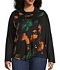 Ali Miles Plus Size Knit Abstract Multi Print Cowl Neck Long Sleeve Asymmetrical Hem Popover Top, Color:Multi - Image 1