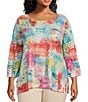 Color:Abstract Multi - Image 1 - Plus Size Knit Abstract Print Round Neck 3/4 Sleeve Double Layered Popover Tunic