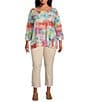 Color:Abstract Multi - Image 3 - Plus Size Knit Abstract Print Round Neck 3/4 Sleeve Double Layered Popover Tunic