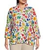 Color:Floral Multiple - Image 1 - Plus Size Knit Floral Print Point Collar 3/4 Bell Sleeve Button-Front Tunic