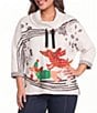 Ali Miles Plus Size Knit Quilt Placed Animal Print Cowl Collar 3/4 Sleeve Front Drawstring Top - Image 1