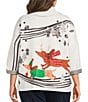 Ali Miles Plus Size Knit Quilt Placed Animal Print Cowl Collar 3/4 Sleeve Front Drawstring Top - Image 2