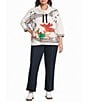 Ali Miles Plus Size Knit Quilt Placed Animal Print Cowl Collar 3/4 Sleeve Front Drawstring Top - Image 3