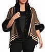 Ali Miles Plus Size Knit Texture Stripe Border Plush Trim Open Front 3/4 Sleeve Sweater Jacket - Image 1