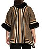 Ali Miles Plus Size Knit Texture Stripe Border Plush Trim Open Front 3/4 Sleeve Sweater Jacket - Image 2