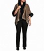 Ali Miles Plus Size Knit Texture Stripe Border Plush Trim Open Front 3/4 Sleeve Sweater Jacket - Image 3