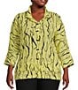Color:Soft Lime - Image 1 - Plus Size Line Abstract Print Woven Wire Collar 3/4 Sleeve Button-Front Tunic
