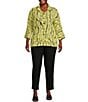 Color:Soft Lime - Image 3 - Plus Size Line Abstract Print Woven Wire Collar 3/4 Sleeve Button-Front Tunic