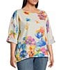 Ali Miles Plus Size Linen Blend Multi Floral Round Neck 3/4 Dolman Roll-Tab Sleeve Tunic, Color:Floral Multi - Image 3